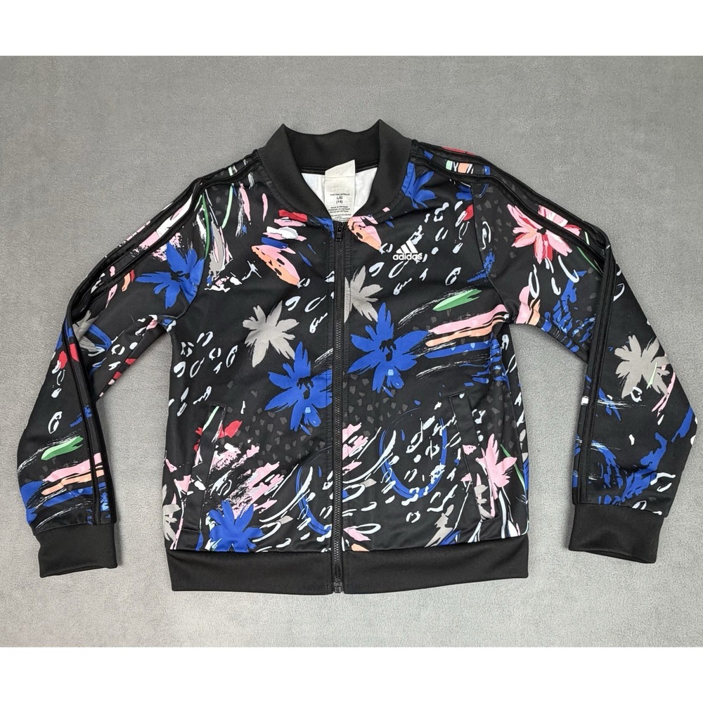 Adidas Tricot Jacket Girls 14 Black Full Zip Bomber Track Lightweight Stylish